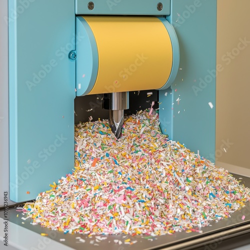 A vibrant shredder machine pouring colorful shredded paper in a clean, modern workspace, showcasing recycling technology. photo