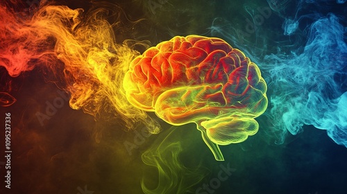 Illuminated Mind: 3D Human Brain Amid Neon Stress Signals and Swirling Smoke - Mental Health Risks and Environmental Stressors Concept