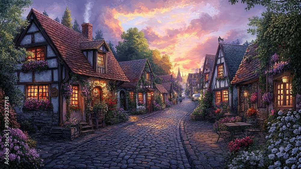 Enchanted Village Sunset: A picturesque cobblestone street lined with charming half-timbered houses, bathed in the warm glow of a magical sunset. Enchanted Village Sunset: A picturesque cobblestone street lined with charming half-timbered houses, bathed in the warm glow of a magical sunset.