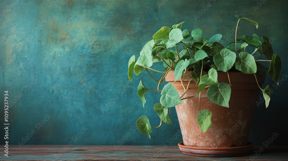 Sweet potato vines crawling around a rustic terracotta pot, styled on a wooden table Sweet potato vines crawling around a rustic terracotta pot, styled on a wooden table