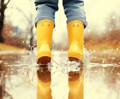 A close-up of small children's feet splashing in a puddle, the water sparkling with reflections, vibrant colors, playful