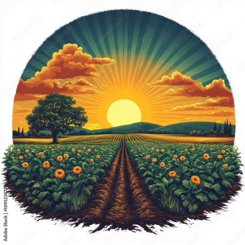 Naklejka premium A vibrant sunrise over a field of flowers, showcasing nature's beauty and tranquility.