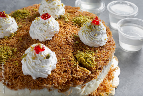 A closeup view of an ashta knafeh cake. photo