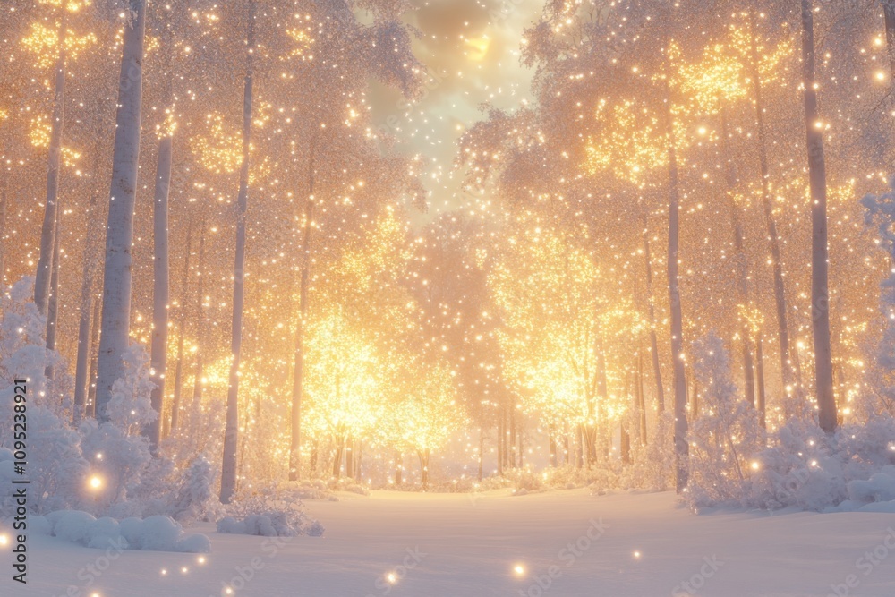 Christmas forest with golden twilight and snow-covered trees Christmas forest with golden twilight and snow-covered trees