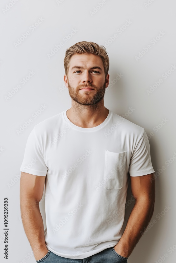 A young man with a beard showcases confidence in a simple setting. A young man with a beard showcases confidence in a simple setting.