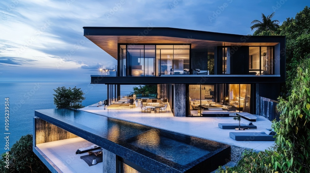 Fototapeta premium Modern luxury villa overlooking the ocean at twilight, featuring an infinity pool and sleek design.