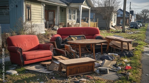 Damaged Furniture, Street Debris, PostDisaster Urban Scene photo