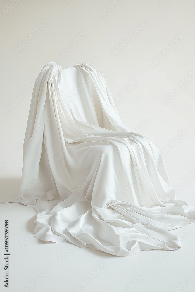 A minimalist white chair draped elegantly with soft fabric, exuding calmness and simplicity. A minimalist white chair draped elegantly with soft fabric, exuding calmness and simplicity.