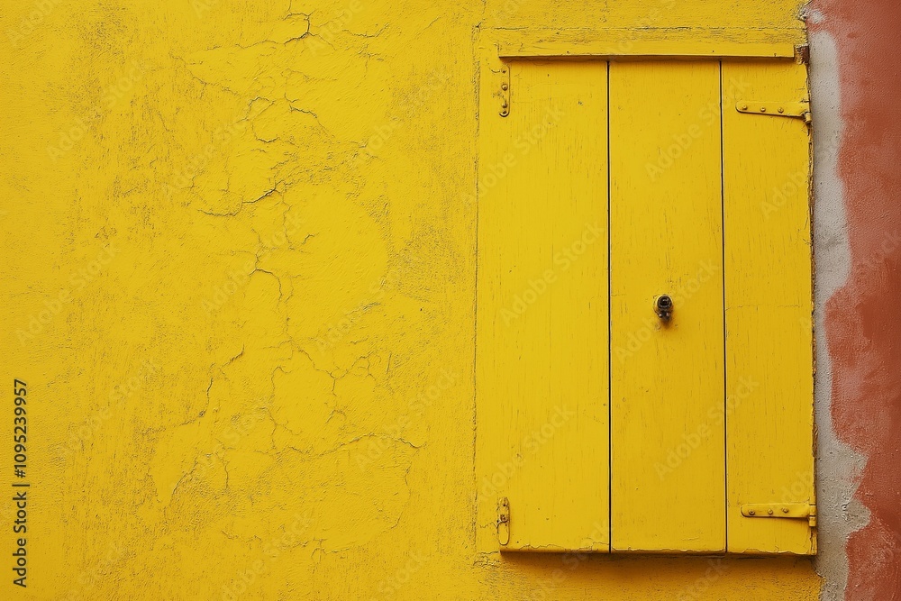 A rustic wooden shutter set against a bright yellow wall, embodying vintage charm and simplicity. A rustic wooden shutter set against a bright yellow wall, embodying vintage charm and simplicity.