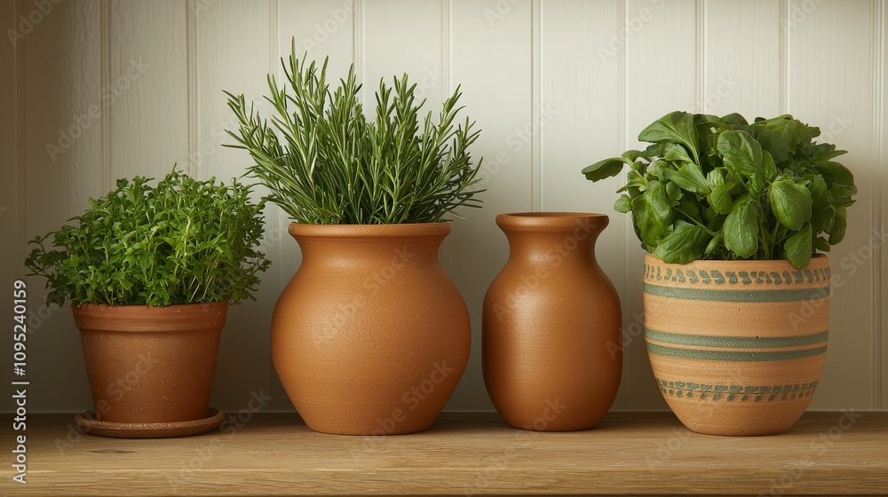 Fototapeta premium Tranquil Herb Garden Rosemary Thyme Basil in Terracotta Pots