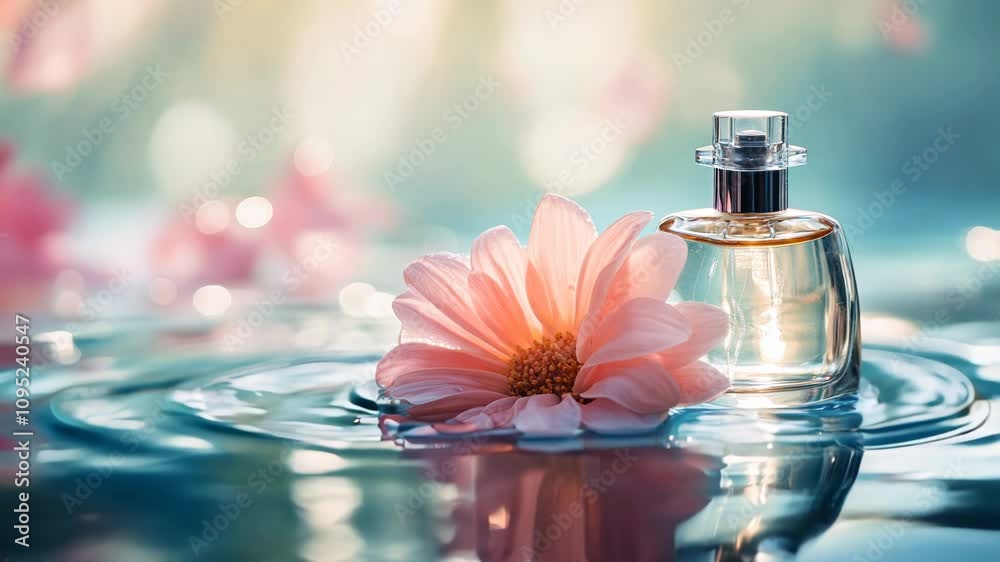 Scented floral perfume bottle on reflective rippling water surface composition with a delicate pink flower. Elegant fragrance advertisement, promotion motion graphics. High end cologne display.
