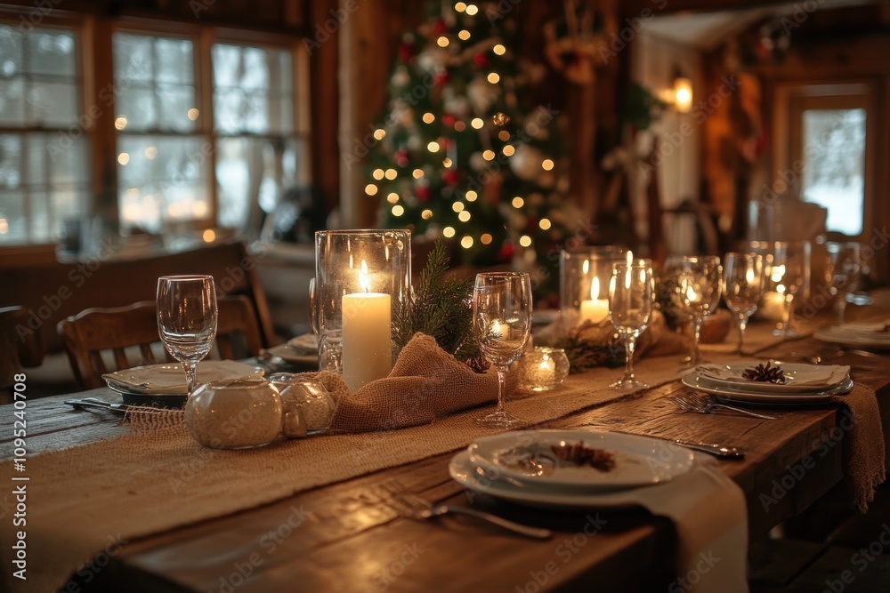 holiday table decor, a rustic christmas table adorned with burlap accents, soft candlelight, and room for customization in a cozy setting holiday table decor, a rustic christmas table adorned with burlap accents, soft candlelight, and room for customization in a cozy setting