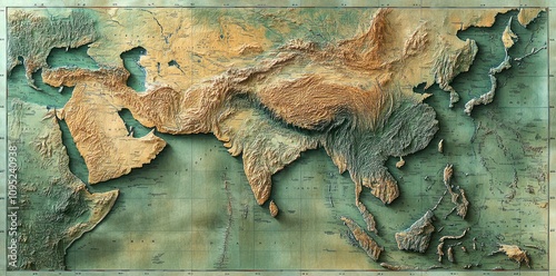 Detailed Relief Map of Southern Asia Showing Terrain photo