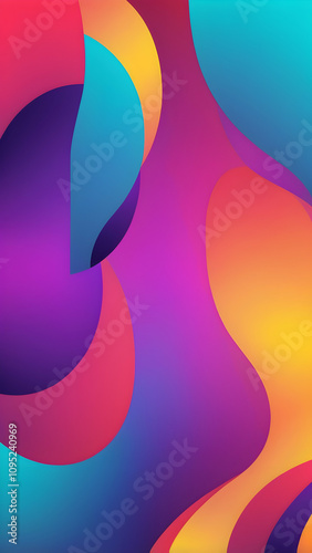 Scarlet, Turquoise, Violet, Mustard vertical Geometric Abstract Design with Neon Glow, Grainy Texture, and Smooth Color Transitions