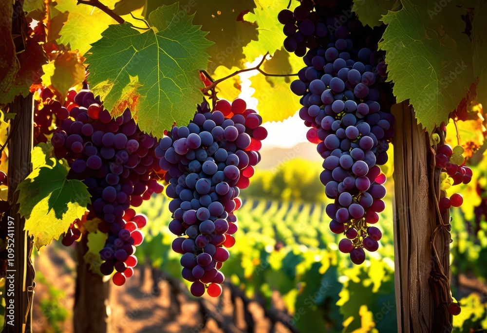 Naklejka premium lush grapes under radiant sunlight vibrant vineyard surrounded green foliage vibrant colors, abundant, agriculture, crops, cultivated, estate, forests