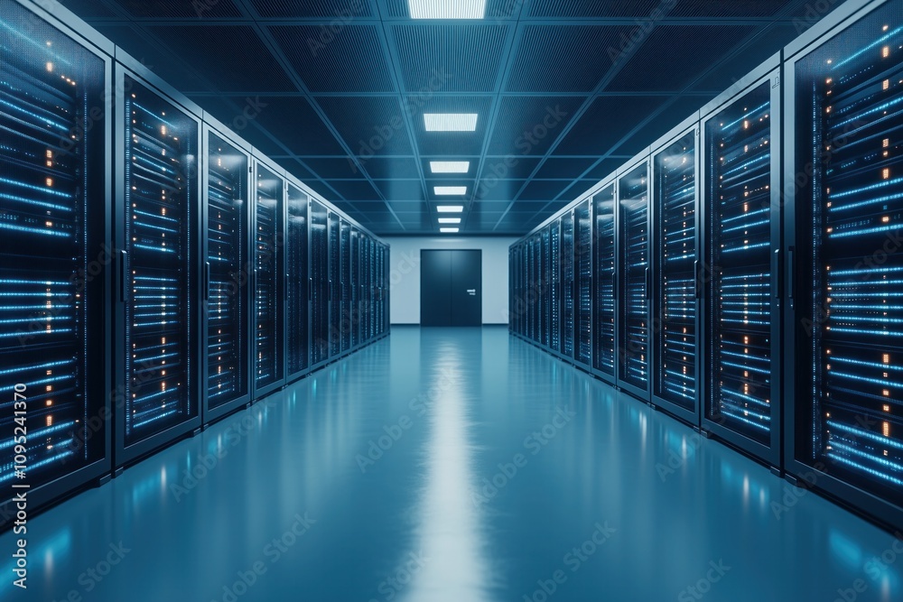 Fototapeta premium Inside a modern data center with rows of illuminated server racks and a sleek design, showcasing technology and infrastructure