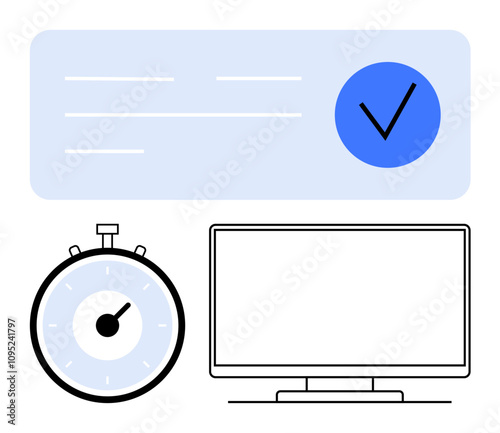 Stopwatch computer monitor and checklist. Ideal for productivity, task management, efficiency, time tracking, project planning, goal setting, digital organization. Line metaphor