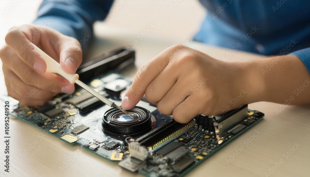 A technician cleaning a computer motherboard with precision and care. A technician cleaning a computer motherboard with precision and care.