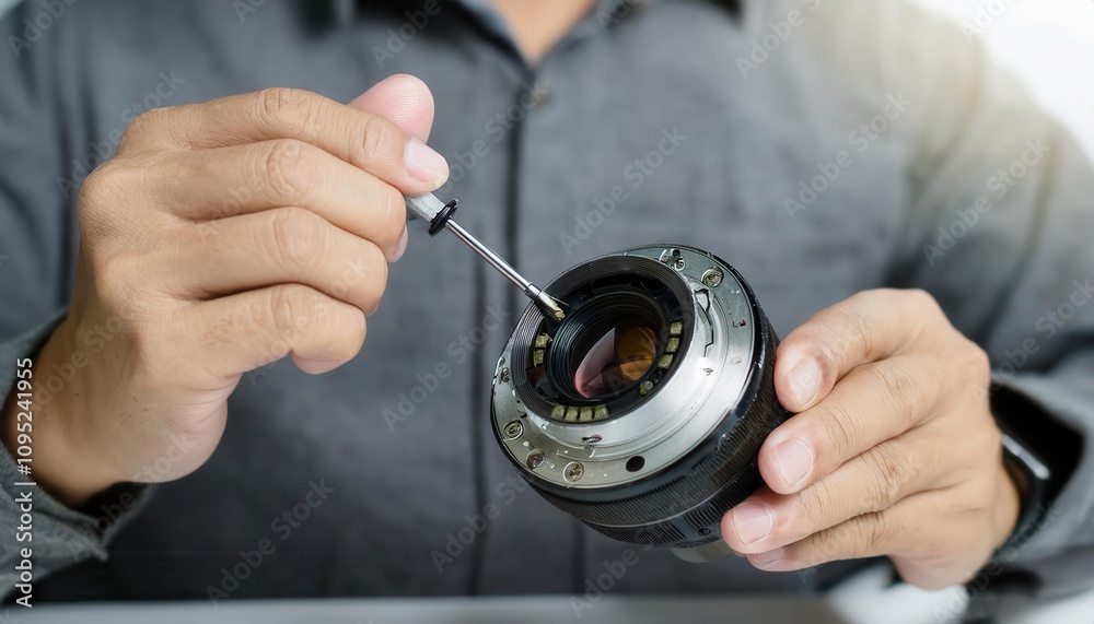 A person cleaning a camera lens with a small tool in a bright, modern workspace. A person cleaning a camera lens with a small tool in a bright, modern workspace.