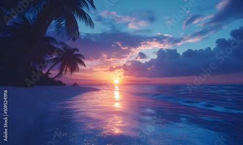 the sunset sky blends seamlessly into a blue-toned beach and palm trees