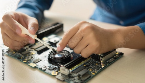 A technician cleaning a computer motherboard with precision and care.