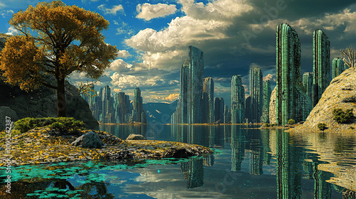 the cuntry, generative ai, landscape, architecture, curtoone, chasny house, background, art nouveau, city, skyline, skyscraper, building, water, lake, nature, autumn, river, sky, tree, reflection,