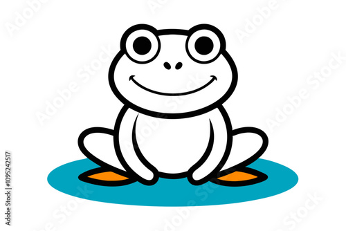 "Cartoon Frog Illustration with Orange Feet on Blue Circle - Playful Minimalist Design"