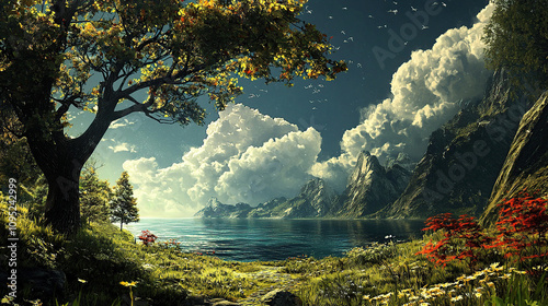 the cuntry, generative ai, landscape, architecture, curtoone, chasny house, background, art nouveau, city, skyline, skyscraper, building, water, lake, nature, autumn, river, sky, tree, reflection,