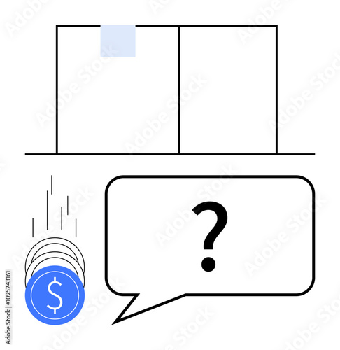Stacked coins descending towards speech bubble with question mark, next to simplified ledger. Ideal for finance, budgeting, accounting, profit analysis, expense management, business strategy