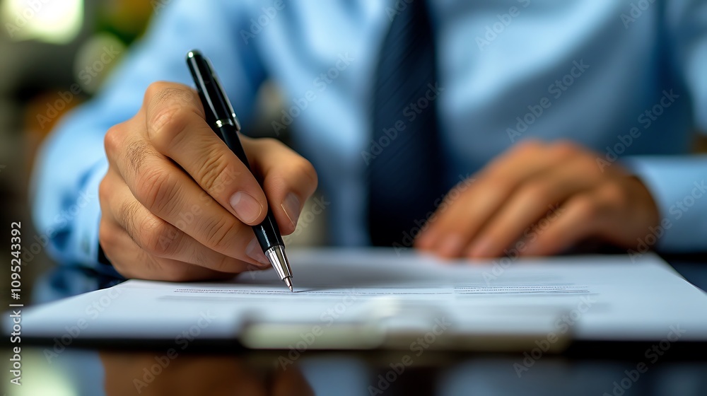 Close up of hands holding a pen and writing on a ledger Close up of hands holding a pen and writing on a ledger