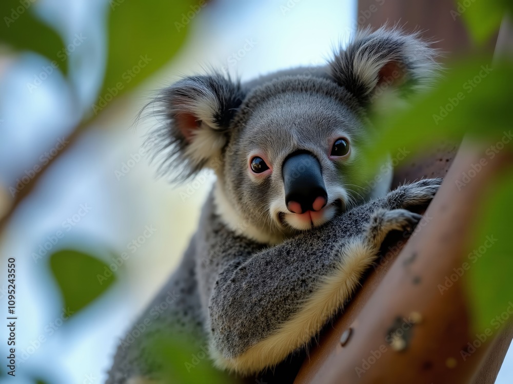 Close-Up of Koala Nestled in Eucalyptus Tree Close-Up of Koala Nestled in Eucalyptus Tree