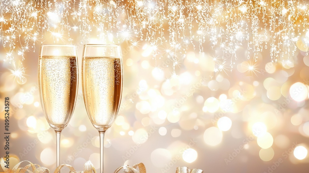 Festive champagne flutes against sparkling backdrop Festive champagne flutes against sparkling backdrop