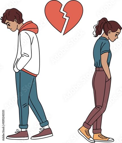 upset young couple and illustration of broken heard 