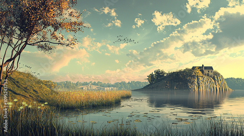 the cuntry, generative ai, landscape, architecture, curtoone, chasny house, background, art nouveau, city, skyline, skyscraper, building, water, lake, nature, autumn, river, sky, tree, reflection,