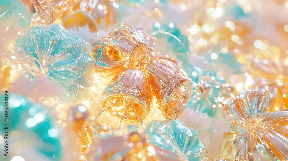 Glimmering gold and teal bells adorn a festive display Glimmering gold and teal bells adorn a festive display