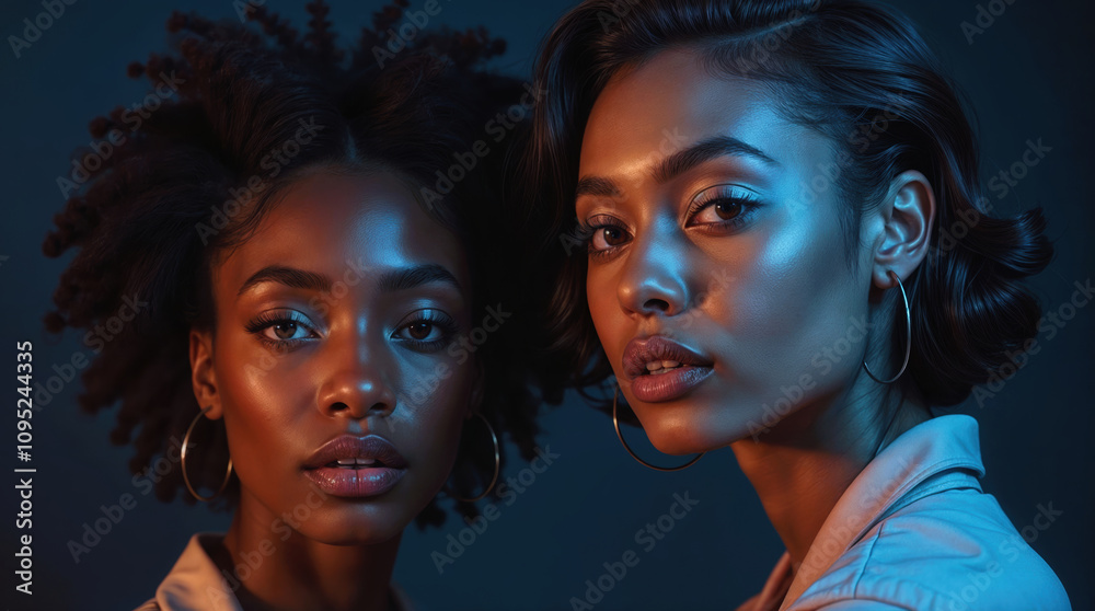 Naklejka premium Beautiful African American women in artistic portrait with dramatic blue and orange lighting, natural afro hairstyle and sleek updo, wearing hoop earrings and minimal makeup