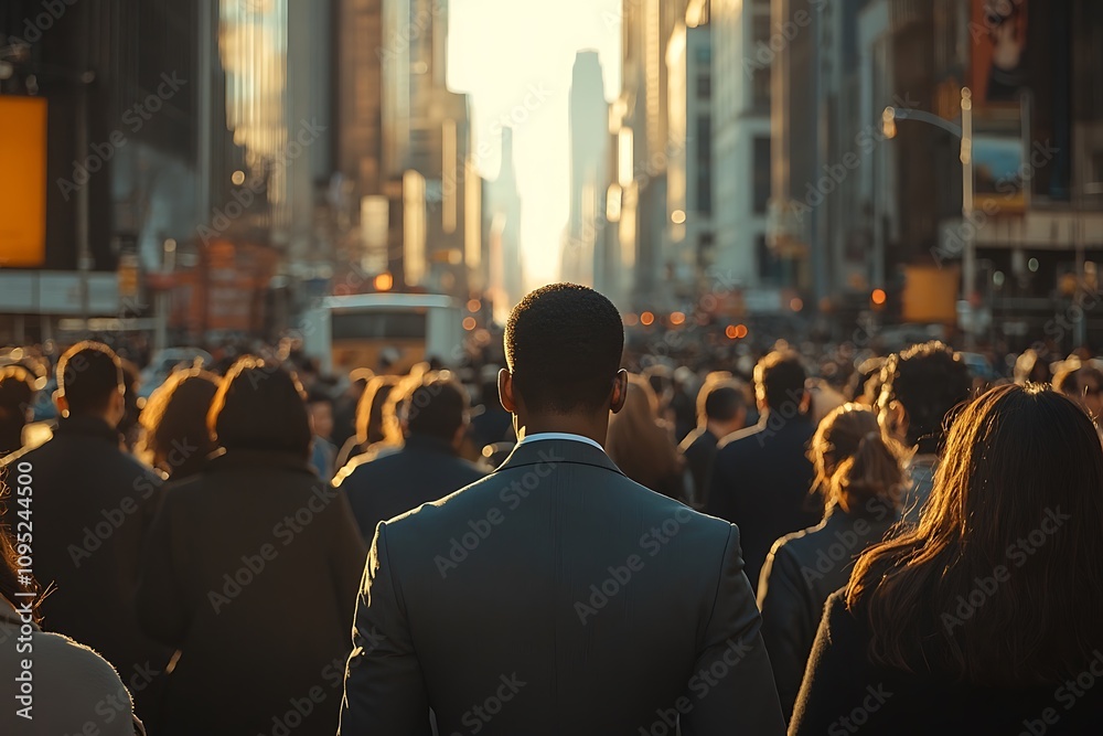 Urban Man Back View, Dense Crowd, Skyscraper Perspective Urban Man Back View, Dense Crowd, Skyscraper Perspective