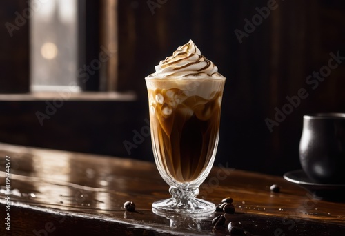 frosty iced coffee clear glass resting rustic wooden table refreshing condensation bright natural lighting, beverage, drink, summer, refreshment, chilled, cup