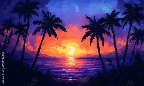 Twilight Beach Bliss, Illustrate a peaceful beach scene at twilight with palm trees in shades of blue and purple