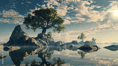 the cuntry, generative ai, landscape, architecture, curtoone, chasny house, background, art nouveau, city, skyline, skyscraper, building, water, lake, nature, autumn, river, sky, tree, reflection,