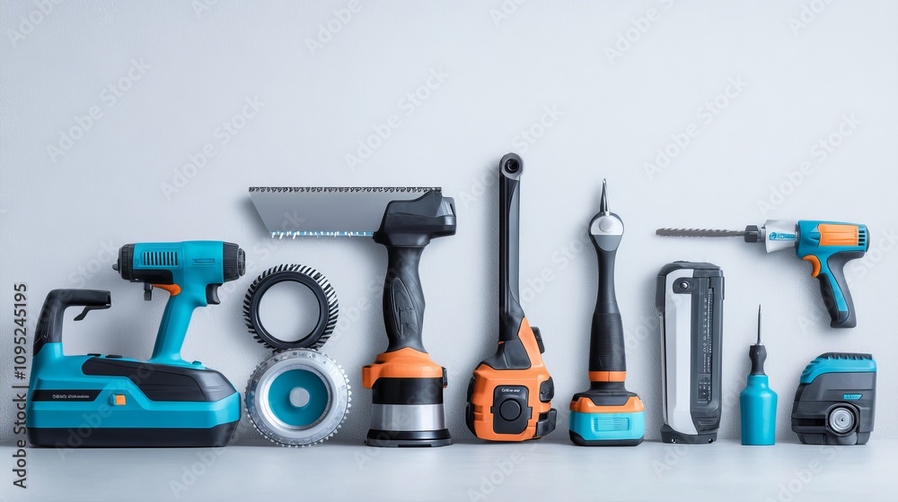 Electric tool set including cordless screwdrivers angle grinders circular saws and band saws clean white background Electric tool set including cordless screwdrivers angle grinders circular saws and band saws clean white background