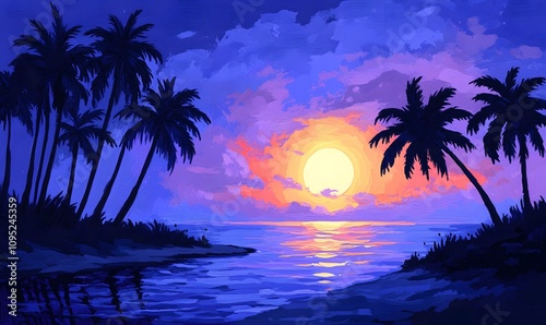 Twilight Beach Bliss, Illustrate a peaceful beach scene at twilight with palm trees in shades of blue and purple