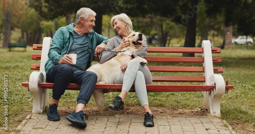 Photography Dog, park and senior couple on bench, smile and conversation with animal lover