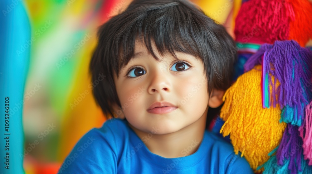 Cute young boy with colorful background and curious expression Cute young boy with colorful background and curious expression