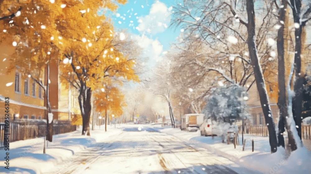 First snowfall on a sunny street at 11 am with copy space First snowfall on a sunny street at 11 am with copy space