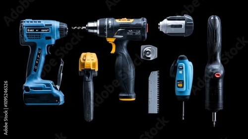 Set of new power tools on a black background including a drill puncher electric saw jigsaw and circular saw photo