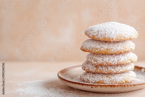 National Pfeffernusse Day Pfeffernusse cookies coated in powdered sugar, placed on a textured ceramic plate Decembe 23 photo