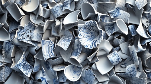 Pile of broken chinaware shards forming textured background photo