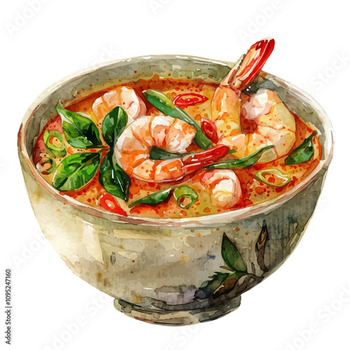 A watercolor painting of Tom Yum, isolated on a white background. Tom Yum vector.