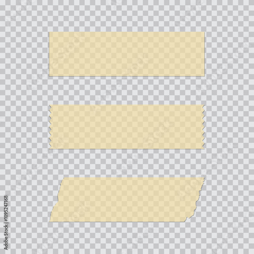White adhesive paper tapes set. Torn sticky pieces. Vector realistic different masking tape pieces isolated on transparent background.